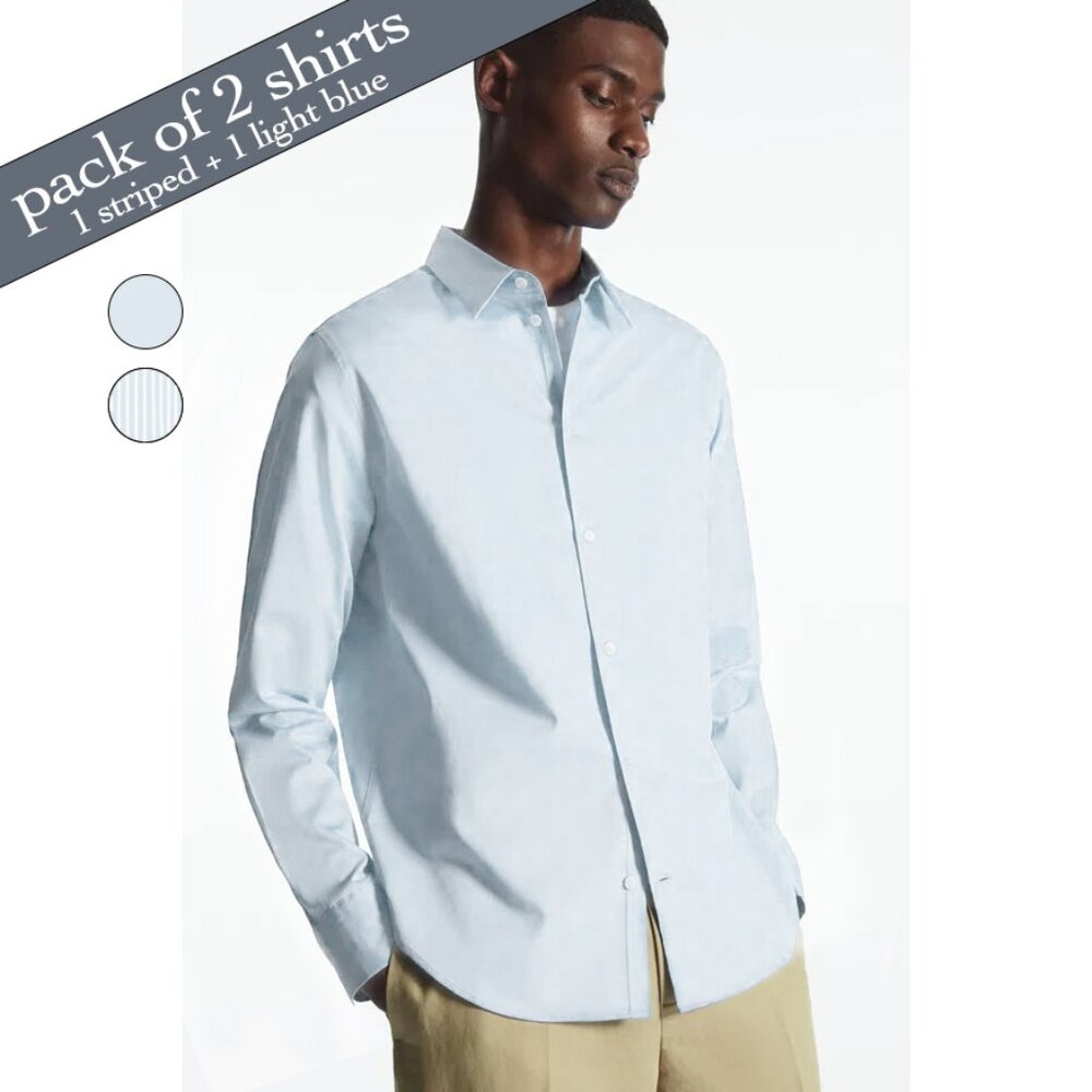 COS Men's Light Blue Long Sleeve Button Down Poplin Shirts